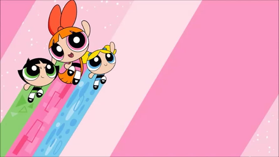 The Powerpuff Girls Flying Together on Colorful Trails Against a Pink Background HD wallpaper