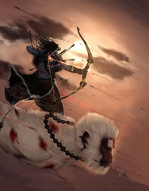 Lord Rama Riding a White Lion While Firing a Bow Amidst Arrows and a Dramatic Sky HD phone wallpaper