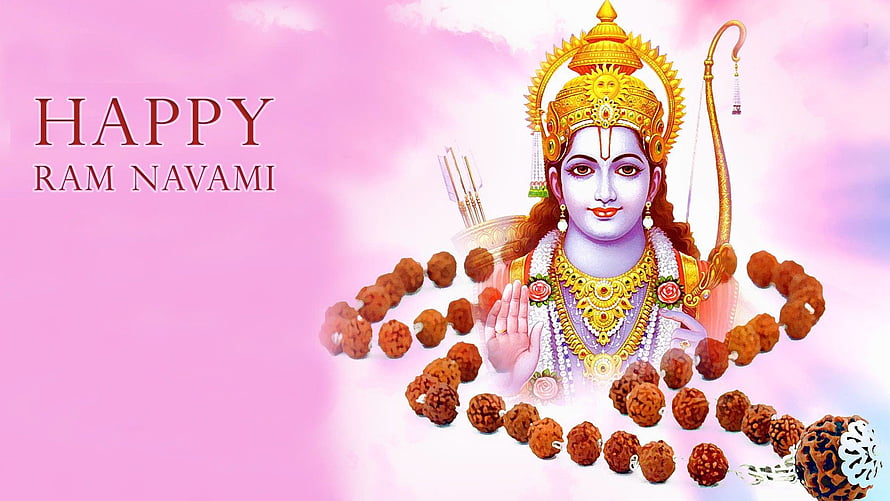 Lord Rama with Bow and Rudraksha Mala on Pink Background for Ram Navami Festival HD wallpaper