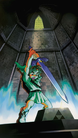 Link Raising Master Sword in Temple Chamber from The Legend of Zelda Ocarina of Time HD phone wallpaper