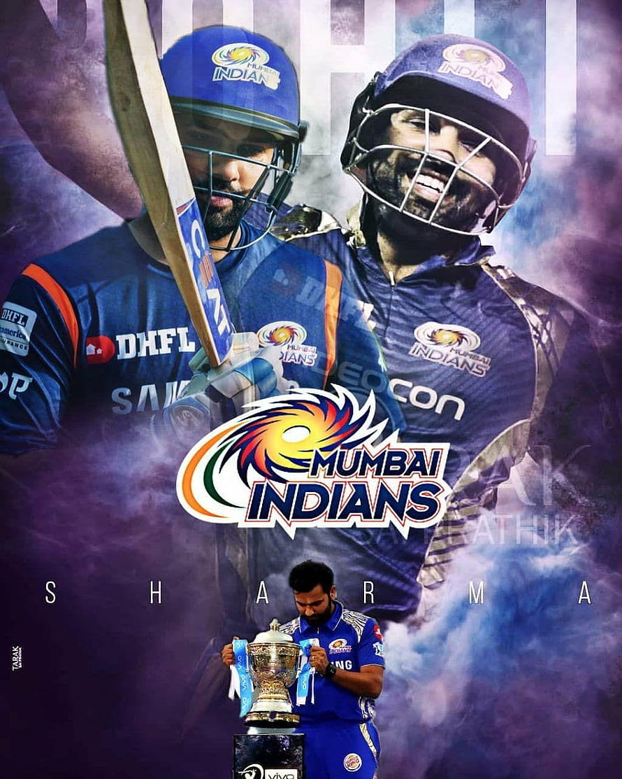 Mumbai Indians Cricket Team Poster Featuring Virat Kohli and Rohit Sharma with IPL Trophy HD phone wallpaper
