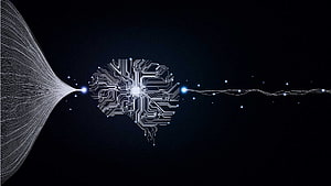 Circuit Board Brain Concept with Neural Network Data Flow on Dark Background HD wallpaper