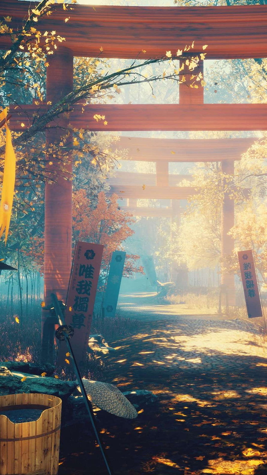 Sunlit Japanese Torii Gate Path in Autumn Forest with Traditional Banners HD phone wallpaper