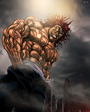 Yujiro Hanma towering over a city skyline in dramatic anime illustration HD phone wallpaper