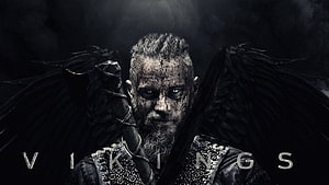 Ragnar Lothbrok Viking Warrior with Dark Wings and Intense Blue Eyes HD wallpaper