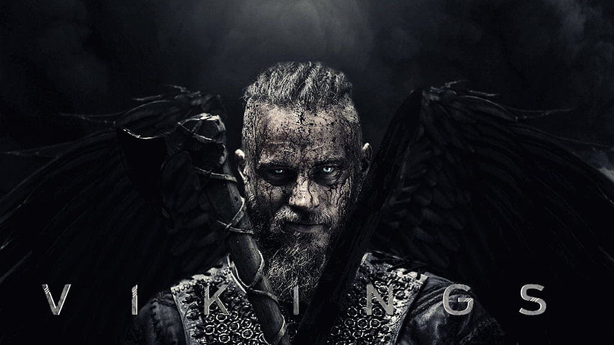 Ragnar Lothbrok Viking Warrior with Dark Wings and Intense Blue Eyes HD wallpaper