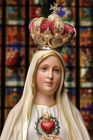 Our Lady of Fatima Statue with Crown and Sacred Heart in Church Setting HD phone wallpaper