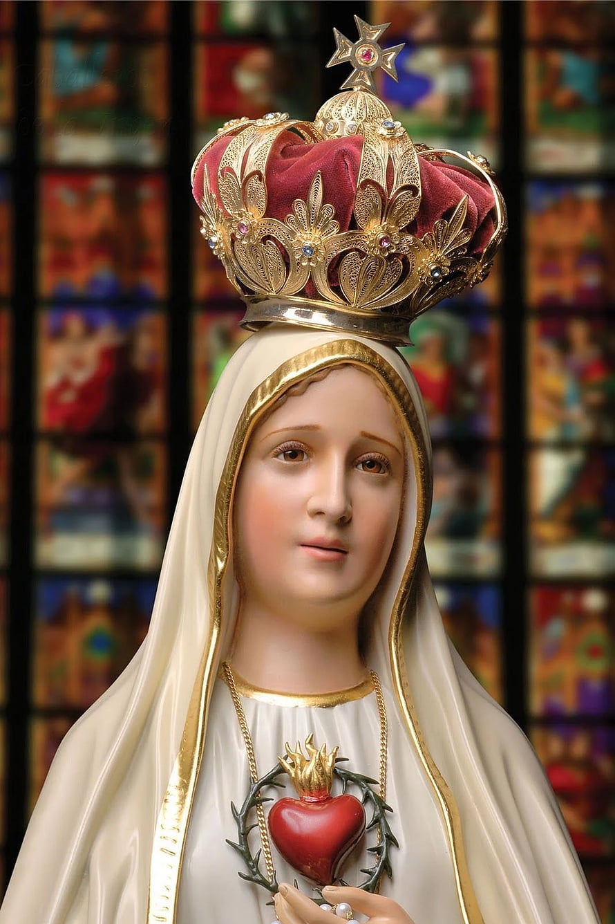 Our Lady of Fatima Statue with Crown and Sacred Heart in Church Setting HD phone wallpaper