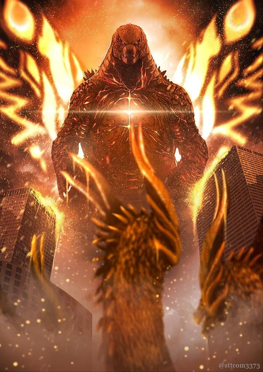 Godzilla in Fiery Atomic Aura Towering Over City Skyline HD phone wallpaper