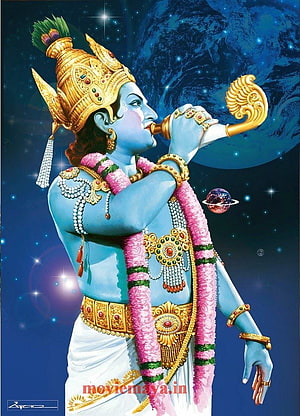 Lord Krishna Playing Flute Against Cosmic Starry Sky Background HD phone wallpaper
