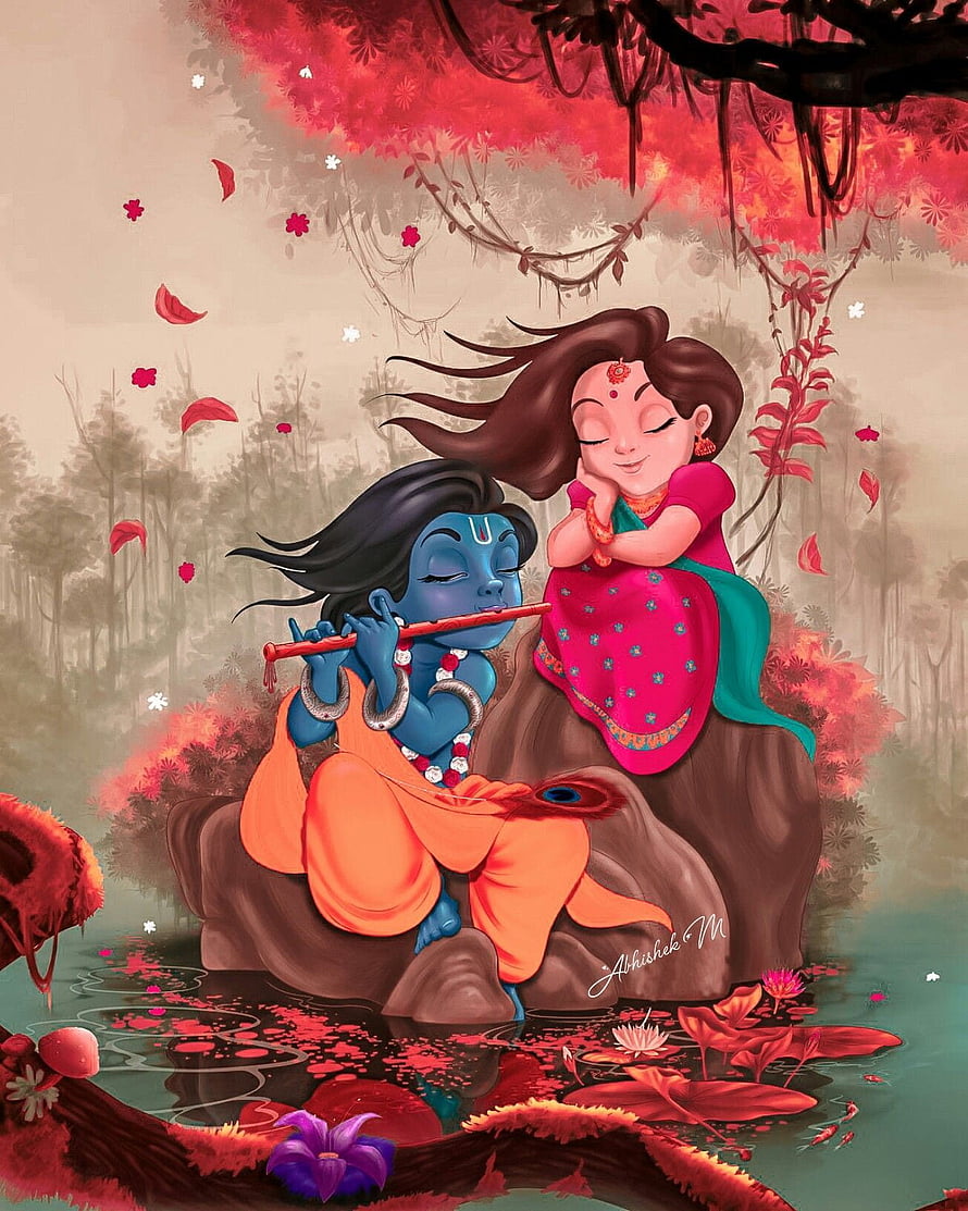 Radha Krishna Digital Illustration: Krishna Playing Flute in a Vibrant Lotus Garden HD phone wallpaper