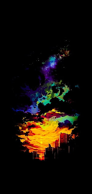 Vibrant Nebula Sky Over Silhouetted City Skyline at Sunset HD phone wallpaper
