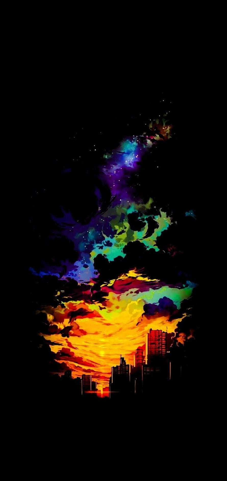 Vibrant Nebula Sky Over Silhouetted City Skyline at Sunset HD phone wallpaper