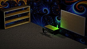 3D Rendered Home Office with Fractal Wallpaper and Wooden Bookshelf HD wallpaper
