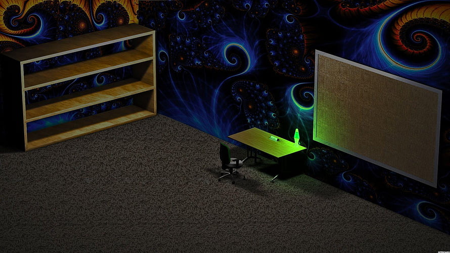 3D Rendered Home Office with Fractal Wallpaper and Wooden Bookshelf HD wallpaper