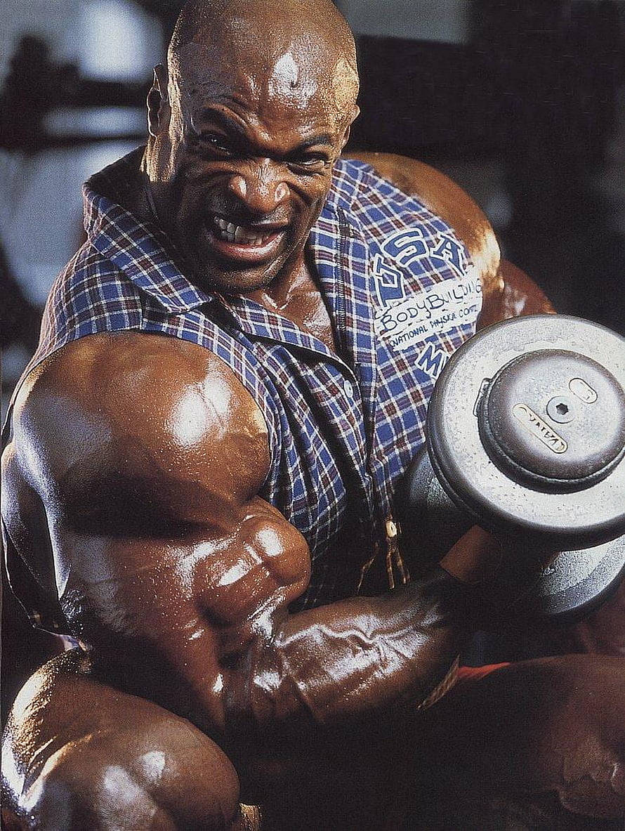 Ronnie Coleman Intense Dumbbell Curl in Plaid Vest HD phone wallpaper