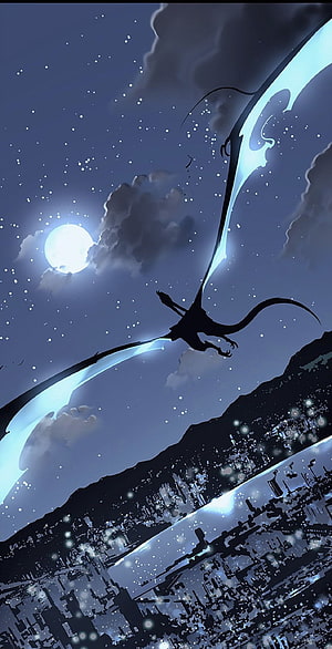 Solo Leveling Mobile Dragon Silhouette Soaring Over Night City Under Full Moon HD phone wallpaper