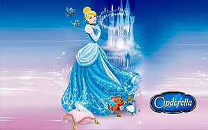 Cinderella in Blue Ballgown with Jaq and Perla Before the Castle HD wallpaper