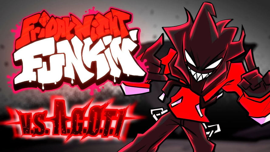 Friday Night Funkin' vs AGOTI: Dark Red Character with Spiky Hair and Glowing Eyes HD wallpaper