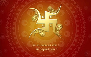 Golden Swastika Symbol with Sanskrit Mantra on Red Mandala Background HD wallpaper