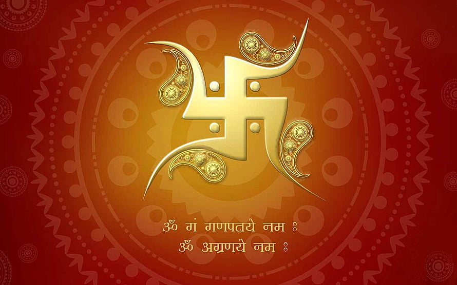 Golden Swastika Symbol with Sanskrit Mantra on Red Mandala Background HD wallpaper
