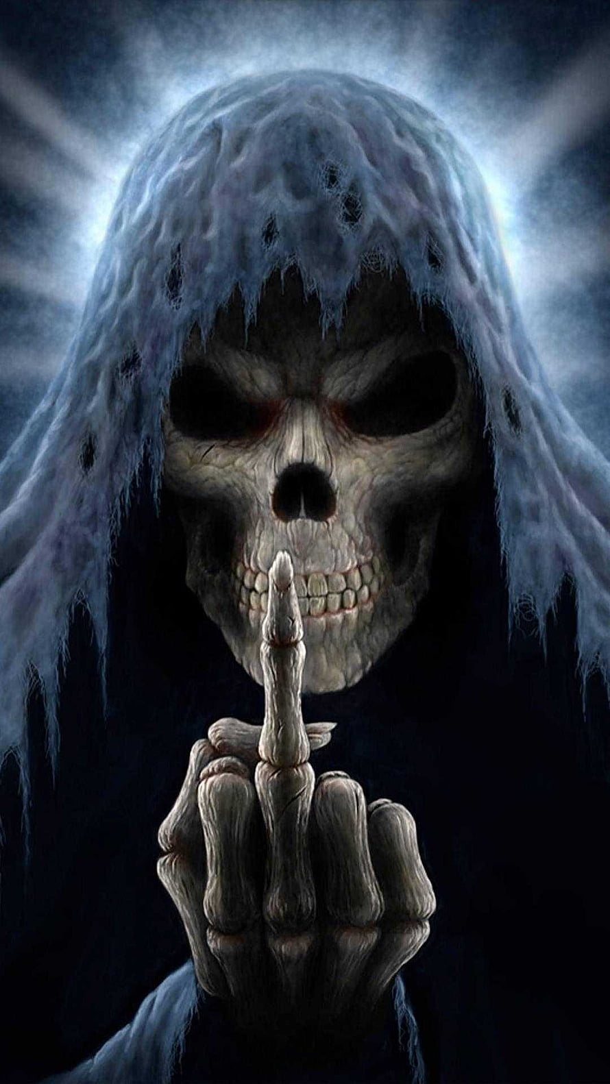 Grim Reaper Skeleton Handing Middle Finger in Dark Hooded Portrait HD phone wallpaper