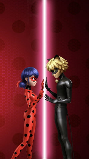 Miraculous Ladybug and Cat Noir facing each other with a glowing pink beam between them on a red hexagonal background HD phone wallpaper