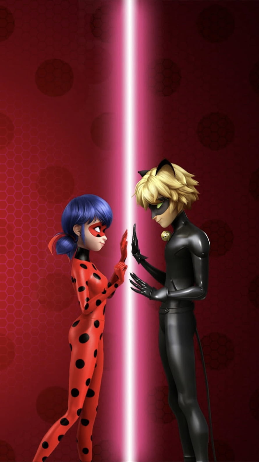 Miraculous Ladybug and Cat Noir facing each other with a glowing pink beam between them on a red hexagonal background HD phone wallpaper