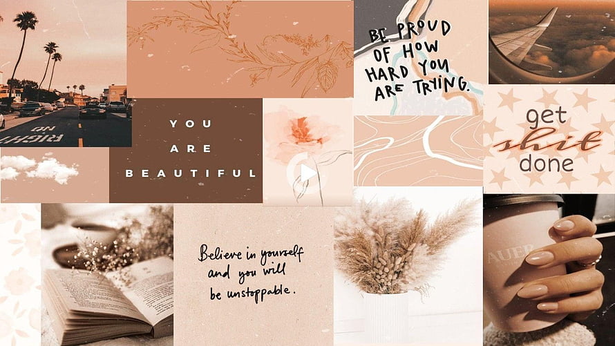 Warm Beige Aesthetic Collage with Inspirational Quotes and Soft Nature Elements HD wallpaper