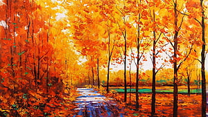 Vibrant Autumn Forest Pathway Oil Painting With Golden Foliage And Stream HD wallpaper