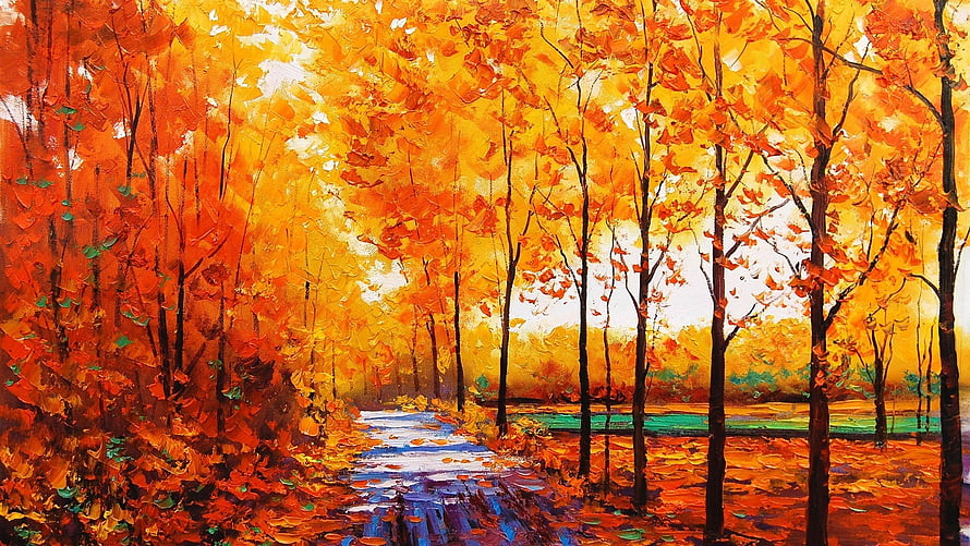Vibrant Autumn Forest Pathway Oil Painting With Golden Foliage And Stream HD wallpaper
