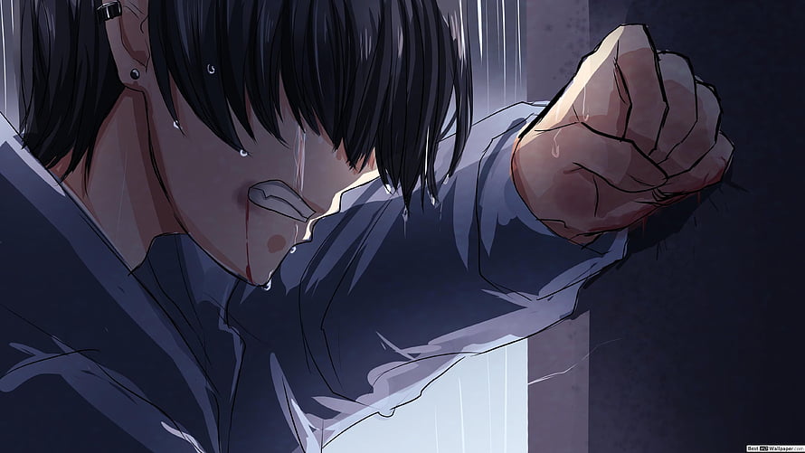 Angry Anime Character With Clenched Fist And Tears In Dark Setting HD wallpaper