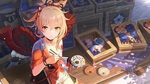 Yoimiya from Genshin Impact holding a bowl of food with chopsticks in a warm anime illustration HD wallpaper