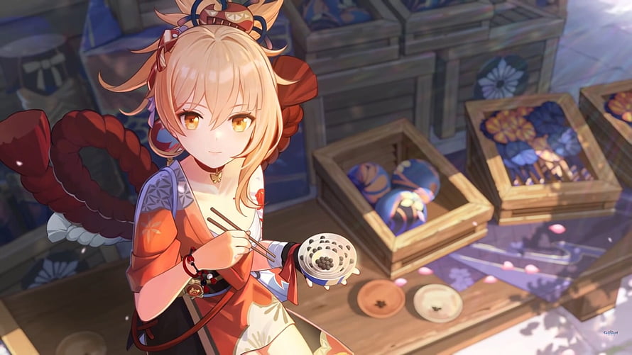Yoimiya from Genshin Impact holding a bowl of food with chopsticks in a warm anime illustration HD wallpaper