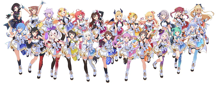 Hololive VTuber Ensemble in Coordinated Stage Outfits HD wallpaper