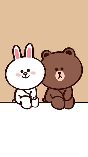 Brown and Cony from Line Friends Sitting Together on a Beige Background HD phone wallpaper