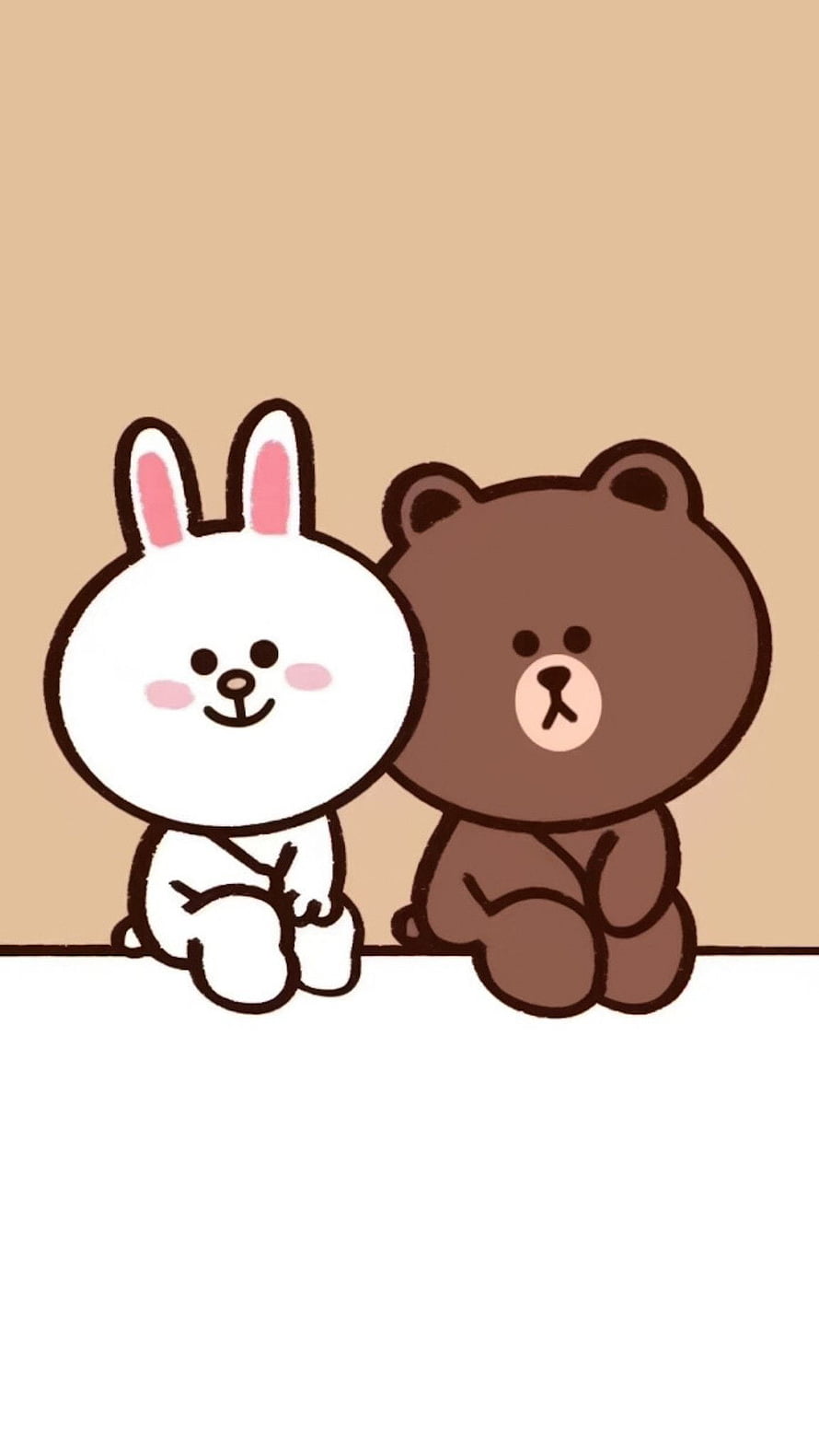 Brown and Cony from Line Friends Sitting Together on a Beige Background HD phone wallpaper