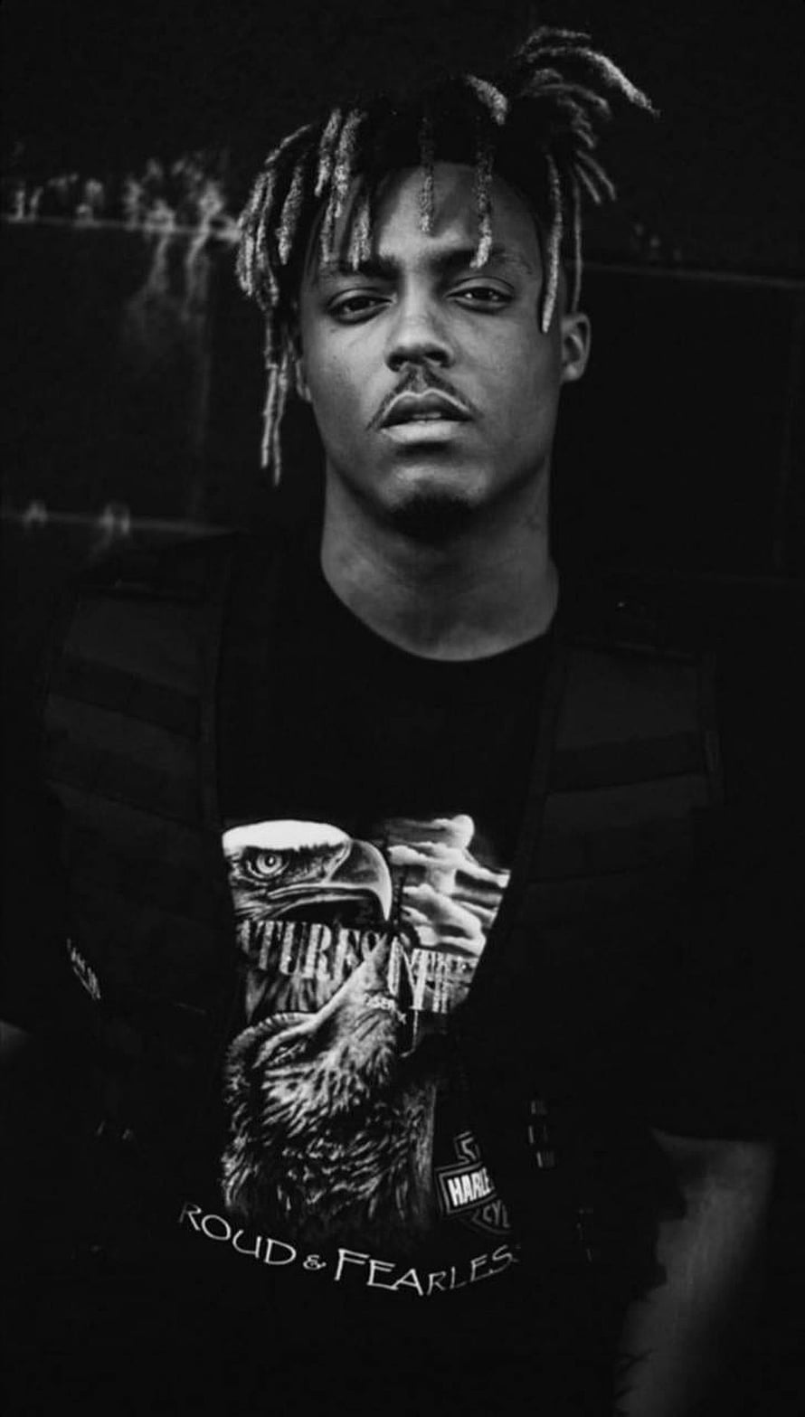 Juice WRLD Black and White Portrait Wearing Tactical Vest and Eagle Graphic Tee HD phone wallpaper