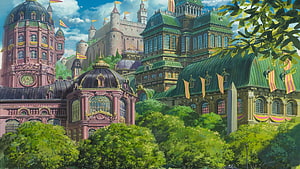 Howl's Moving Castle Fantasy Cityscape with Ornate Architecture and Lush Greenery HD wallpaper