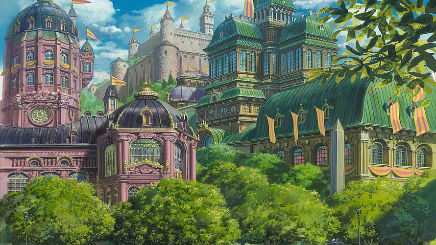 Howl's Moving Castle Fantasy Cityscape with Ornate Architecture and Lush Greenery HD wallpaper