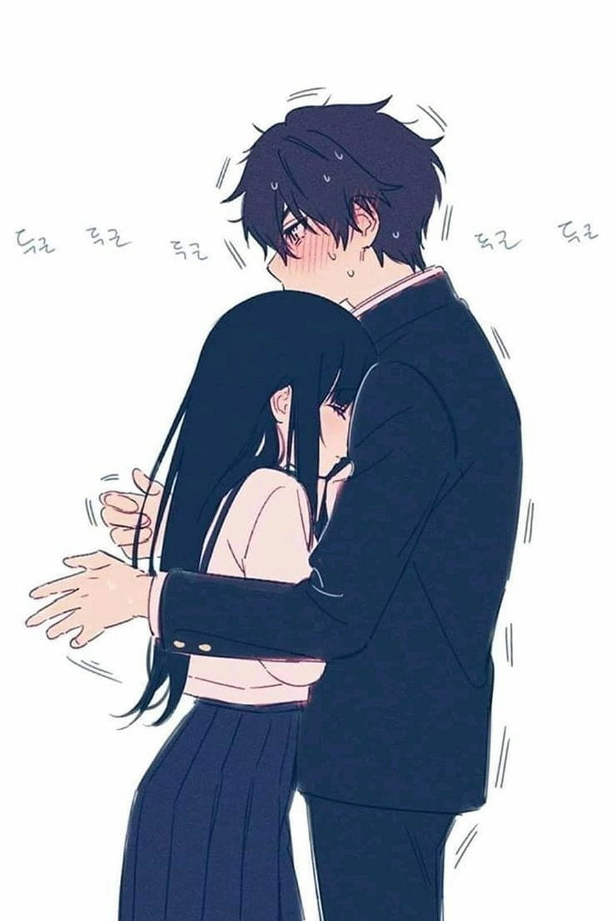 Anime couple sharing a tender embrace in school uniforms with soft blush and gentle expressions HD phone wallpaper
