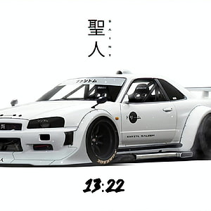 White Nissan R34 GTR Widebody Drift Build with Japanese Livery and Minimalist Background HD phone wallpaper