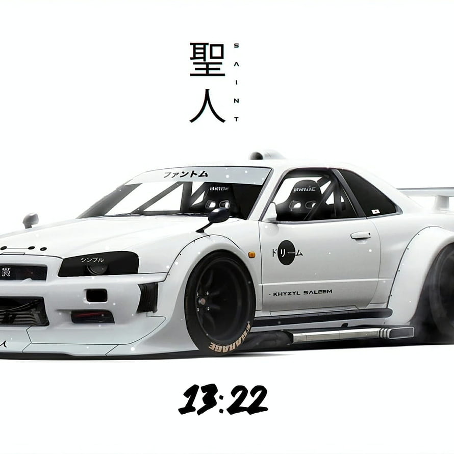 White Nissan R34 GTR Widebody Drift Build with Japanese Livery and Minimalist Background HD phone wallpaper