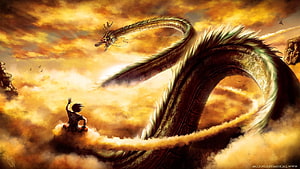 Shenron and Son Goku in a Golden Sky from Dragon Ball Z HD wallpaper