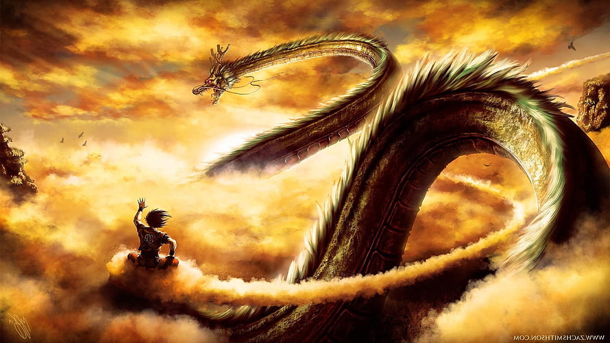 Shenron and Son Goku in a Golden Sky from Dragon Ball Z HD wallpaper
