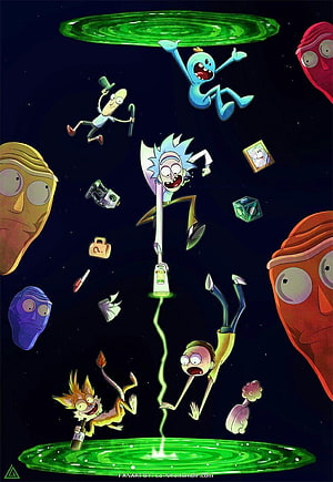 Rick and Morty Characters Floating in Space with Green Portals and Sci-Fi Objects HD phone wallpaper