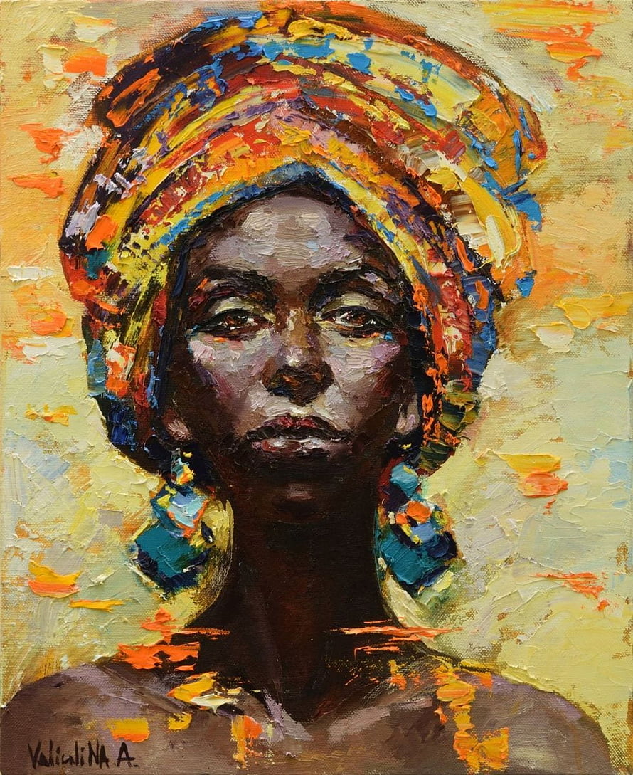 Impasto Oil Painting of an African Woman Wearing a Vibrant Headwrap and Earrings HD phone wallpaper