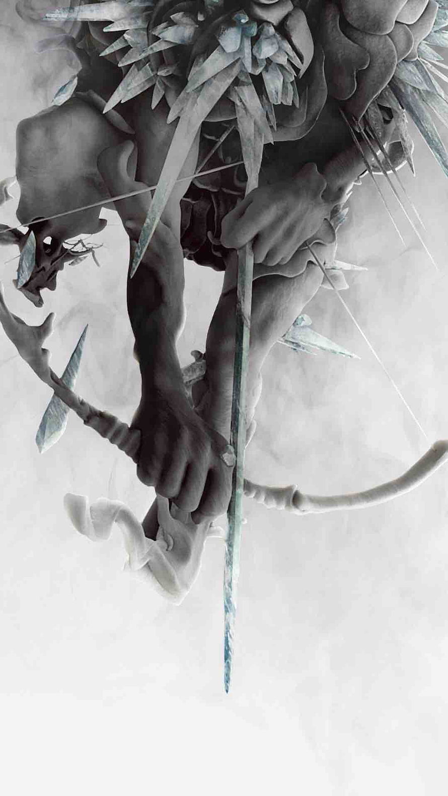 Monochrome Fantasy Archer with Ice Crystal Bow and Arrow in Misty Atmosphere HD phone wallpaper