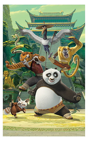 Kung Fu Panda Franchise Group Shot with Master Shifu and the Furious Five at the Jade Palace HD phone wallpaper