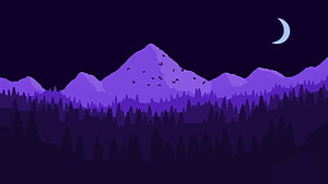 Purple Firewatch Night Scene With Crescent Moon, Mountain Peaks, Pine Forest, and Flying Birds HD wallpaper